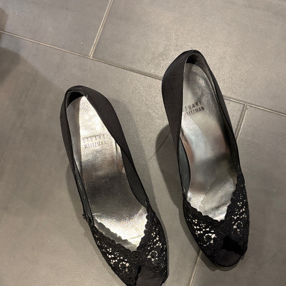 Stuart Weitzman Black Lace Peep-Toe Heels